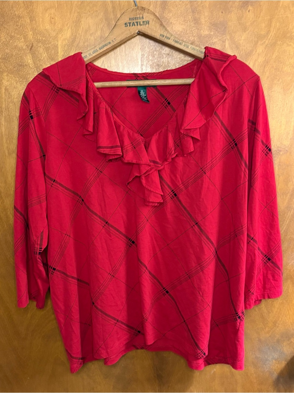 Lauren Ralph Lauren Red Ruffle Plaid Blouse Top Office Work Preppy Old Money Mod
